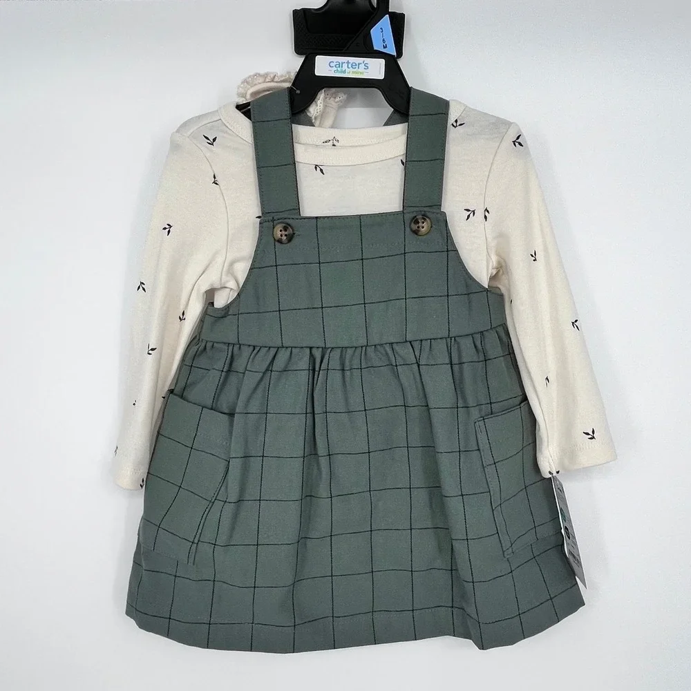 Child of Mine Carter's Jumper Set Girls 3-6M Green Windowpane 3pc Bodysuit Socks